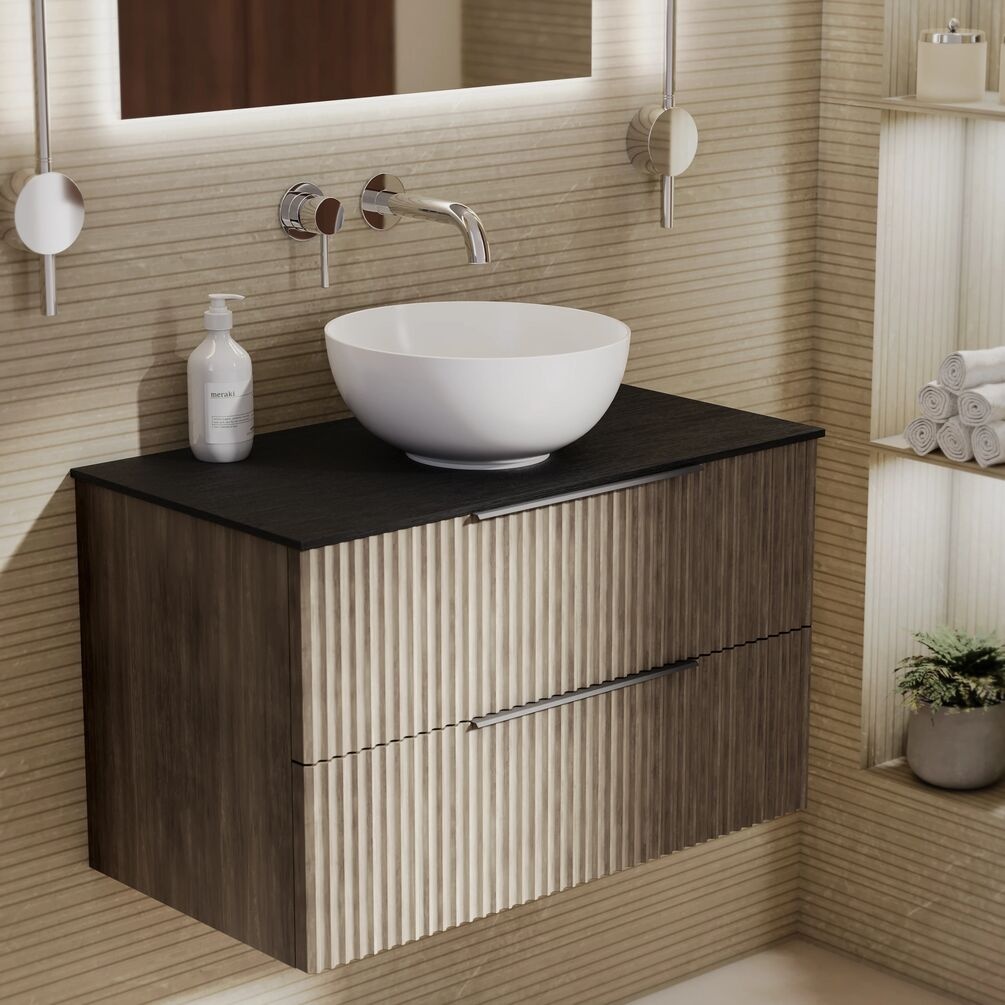 Lifestyle image of Marlow Rockford 800mm Wall-Hung Vanity Unit & Mune Black Worktop